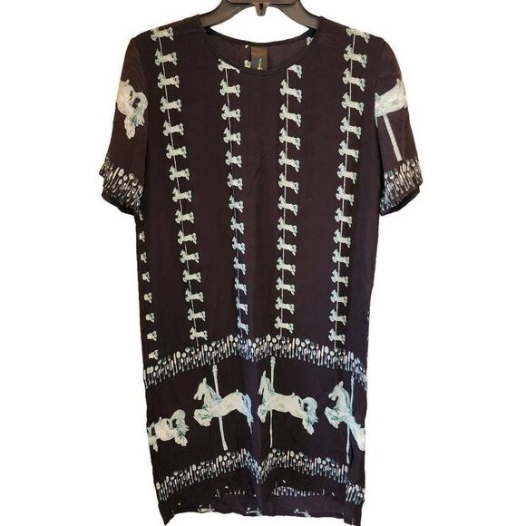 Romance Was Born RWB Rare Silk Round Collar Short Sleeve Black Shift Dress Caros - Picture 1 of 10